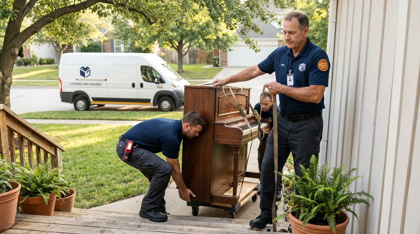 Licensed piano movers securing grand piano in Franklin Lakes, NJ