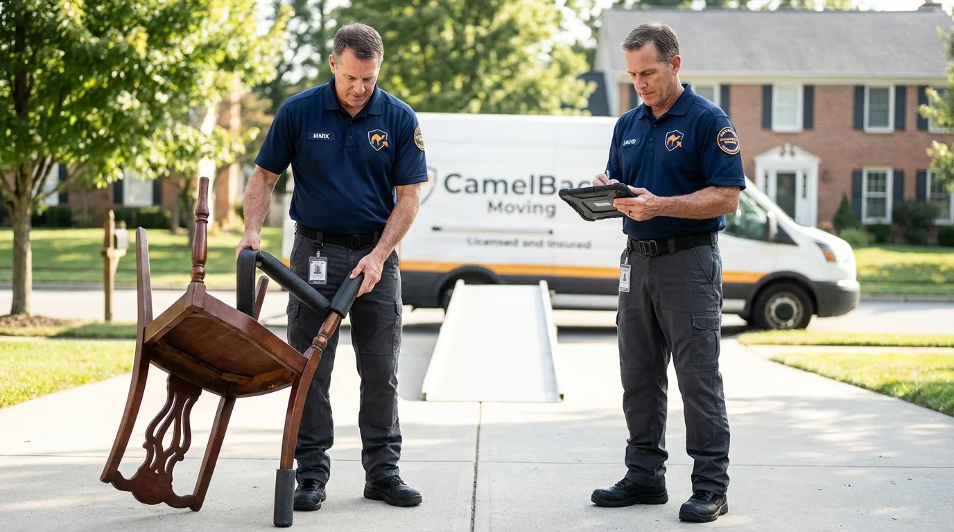 Movers inspecting furniture for damage prevention before loading in Franklin Lakes, NJ