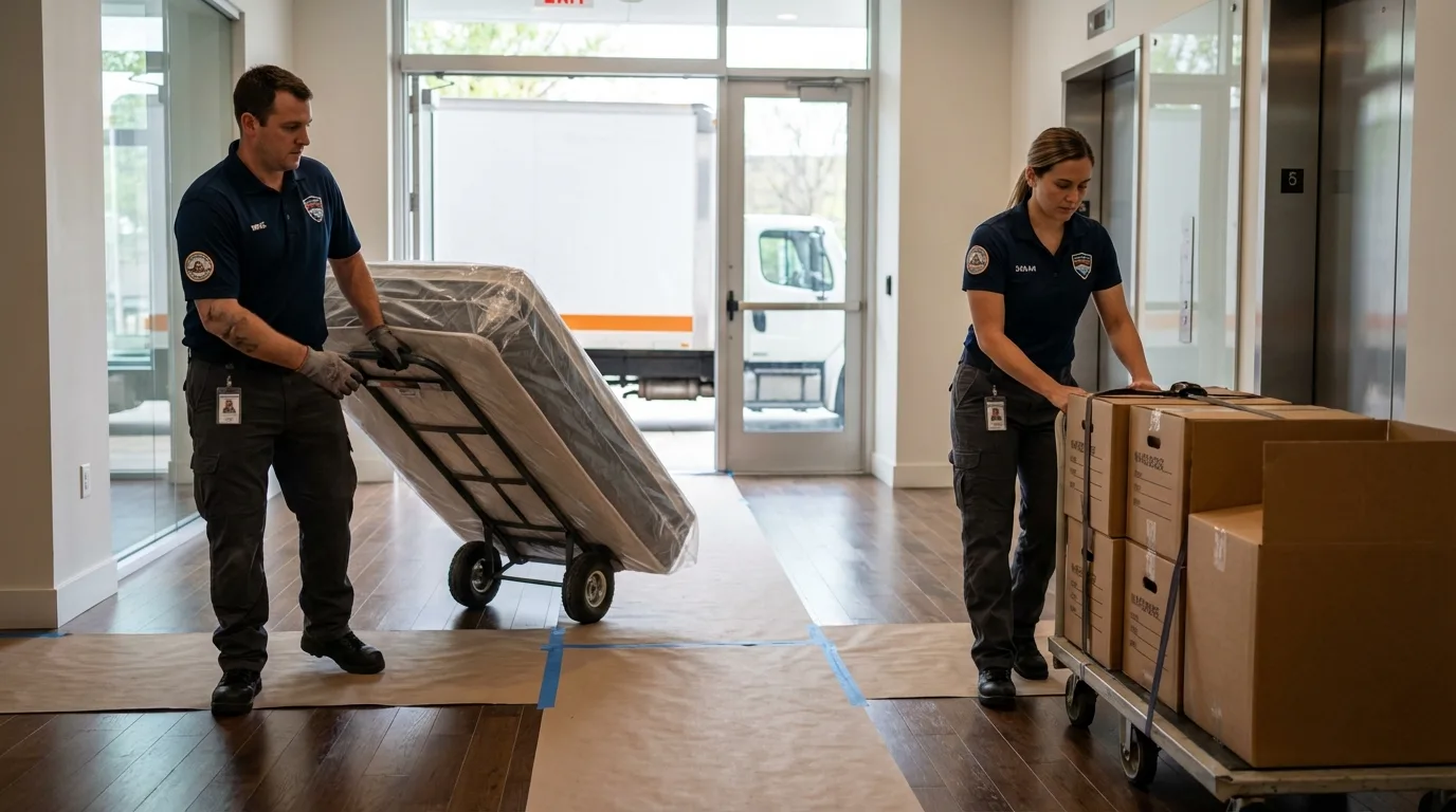 Professional apartment movers loading elevator in Franklin Lakes, NJ