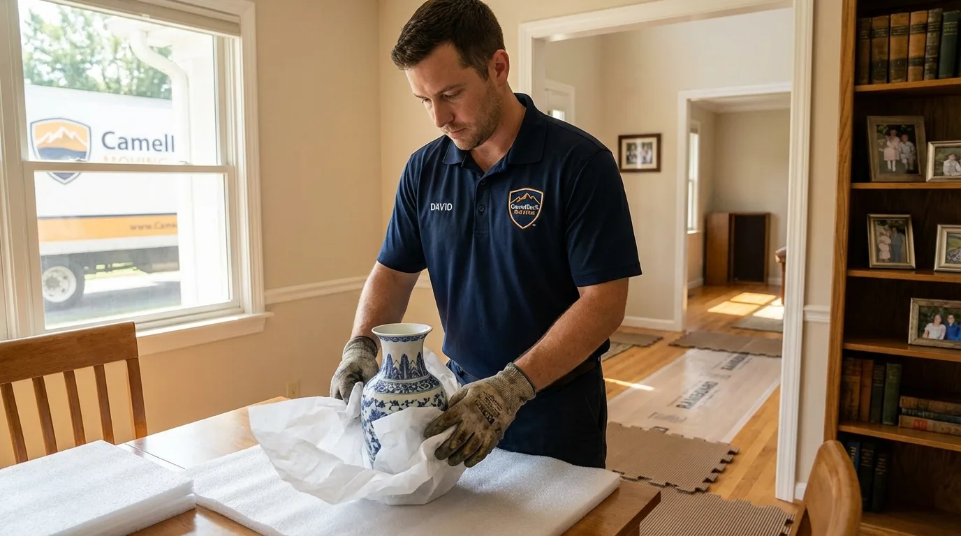 Professional crew carefully wrapping antique vase for senior downsizing move in Franklin Lakes, NJ